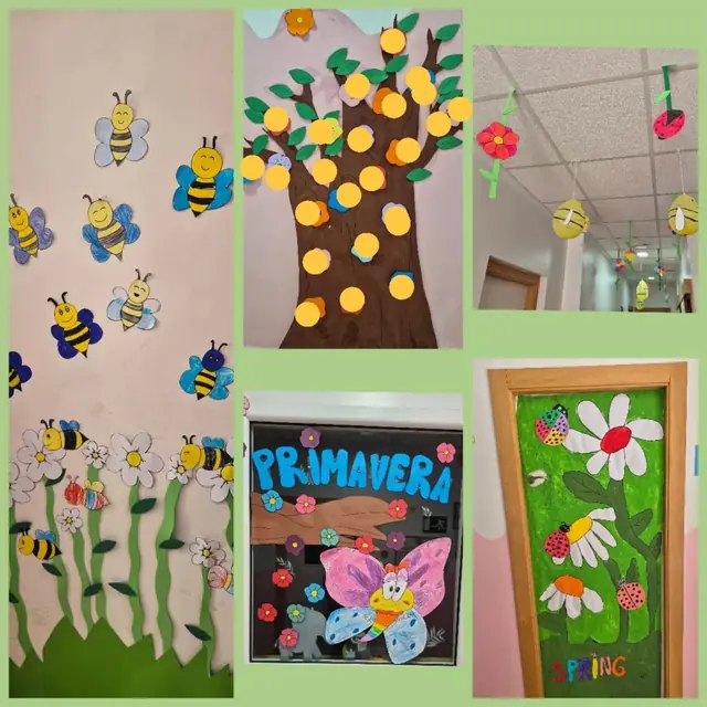 Decoración de primavera: abejas, flores y un árbol hechos en el aula
